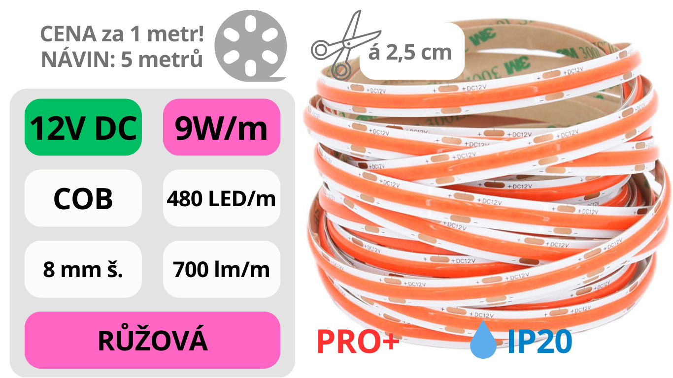 LED pásek COB 12V / 480LED / 9W / RŮŽOVÁ / IP20 / 8mm / PRO+